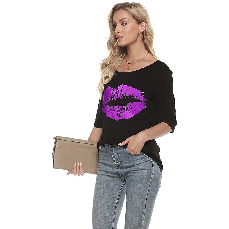 MAGICMK Women Casual Plus Size Lips Print Off Shoulder T-Shirt Tops(Black+Purple,3XL) - Image 4